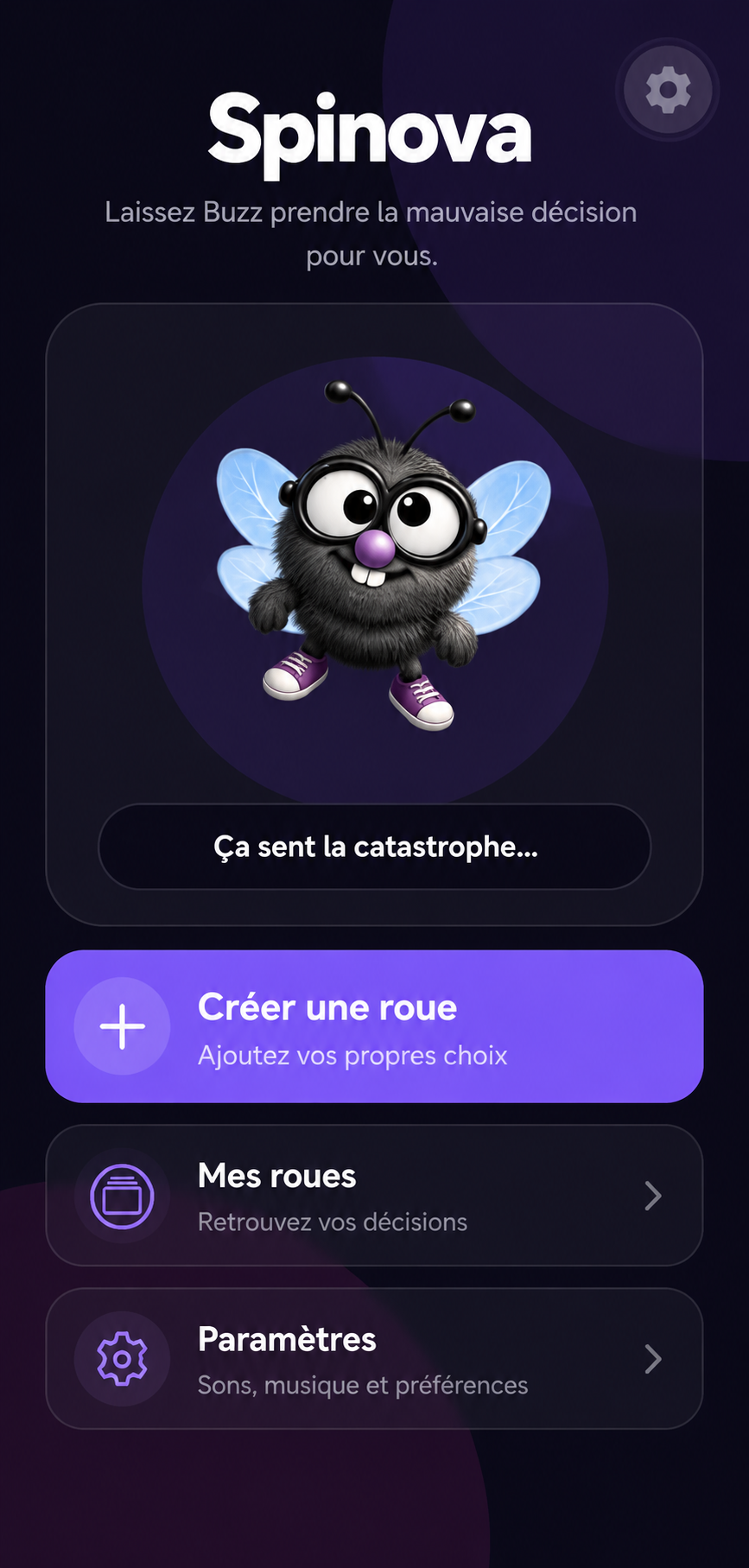 Écran d'accueil de l'application Spinova avec Buzz